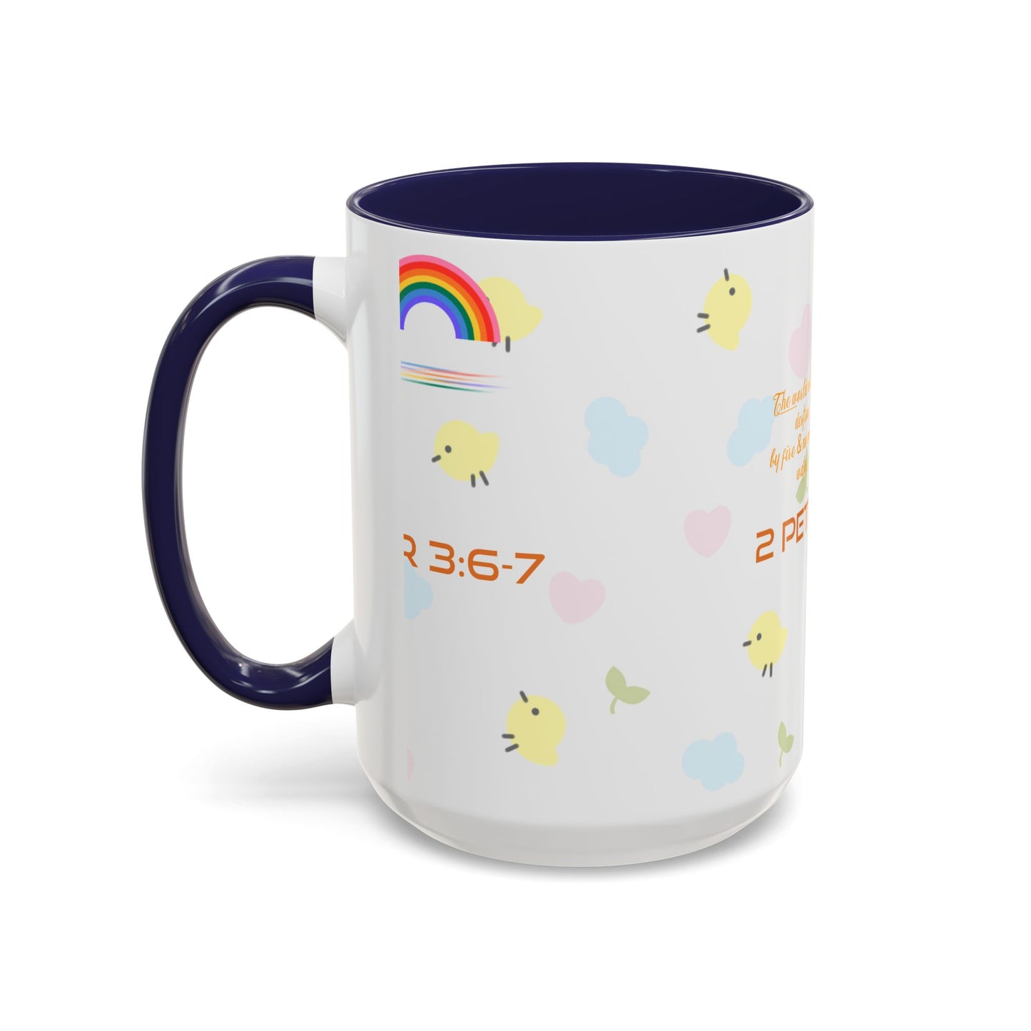 2 Peter 3:67 Inspirational Coffee Mug — Cute Rainbow & Chick Faith Design