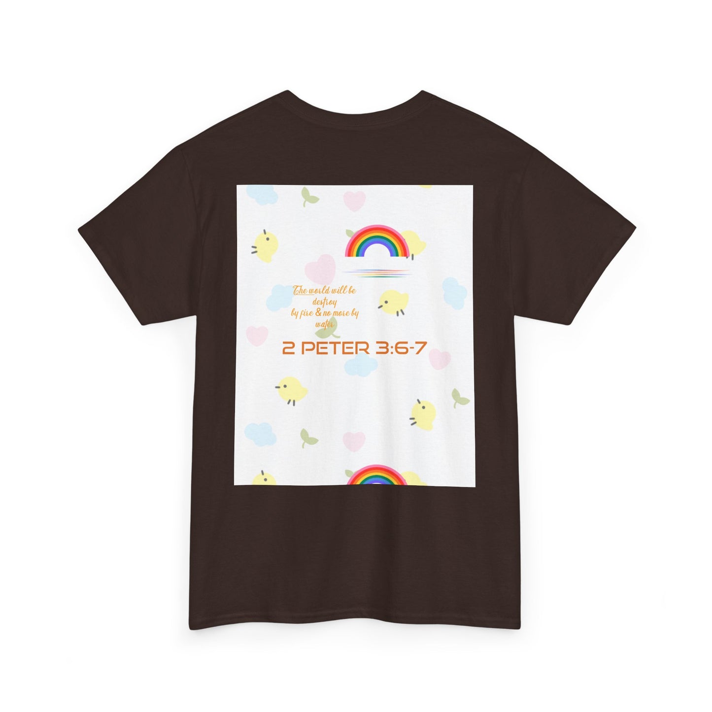Christian Rainbow Chick Tee with 2 Peter 3:6-7 Scripture — Cute Floral & Coins Design