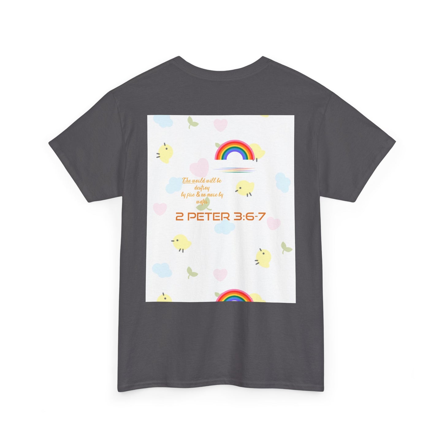 Christian Rainbow Chick Tee with 2 Peter 3:6-7 Scripture — Cute Floral & Coins Design