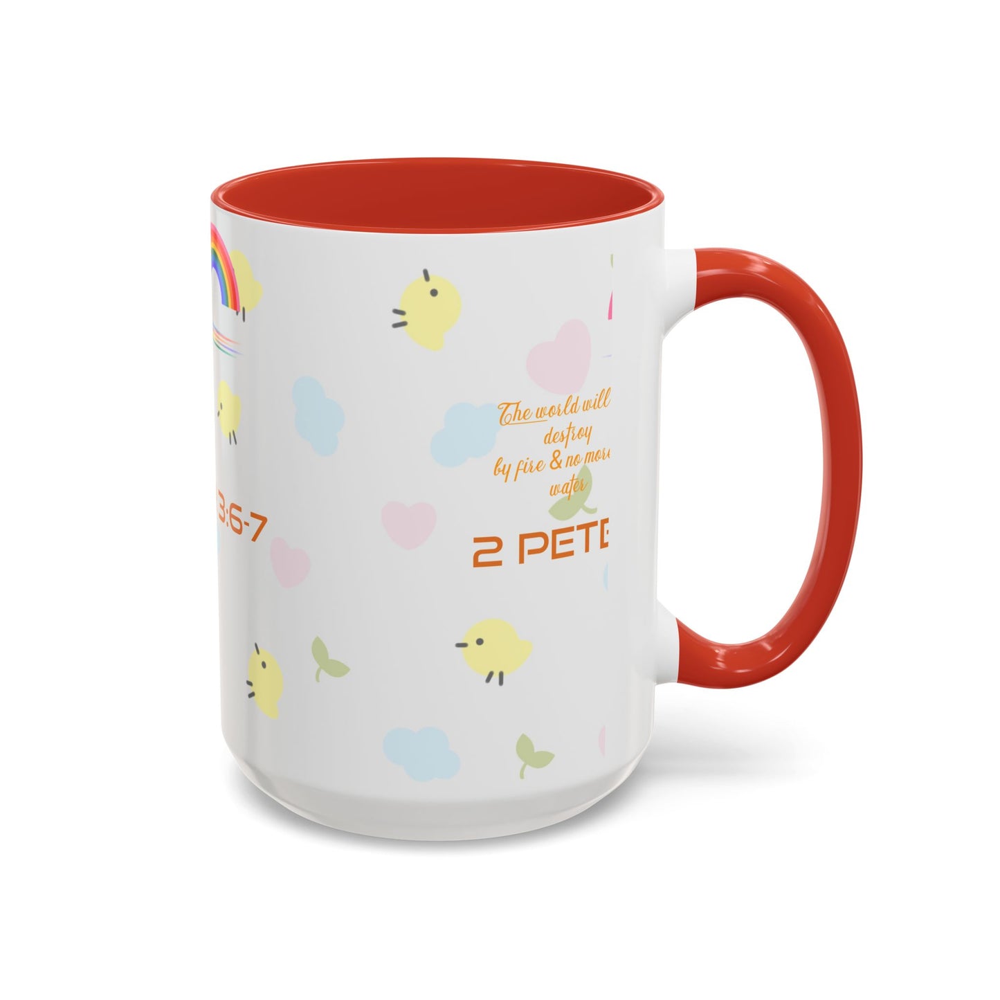 2 Peter 3:67 Inspirational Coffee Mug — Cute Rainbow & Chick Faith Design