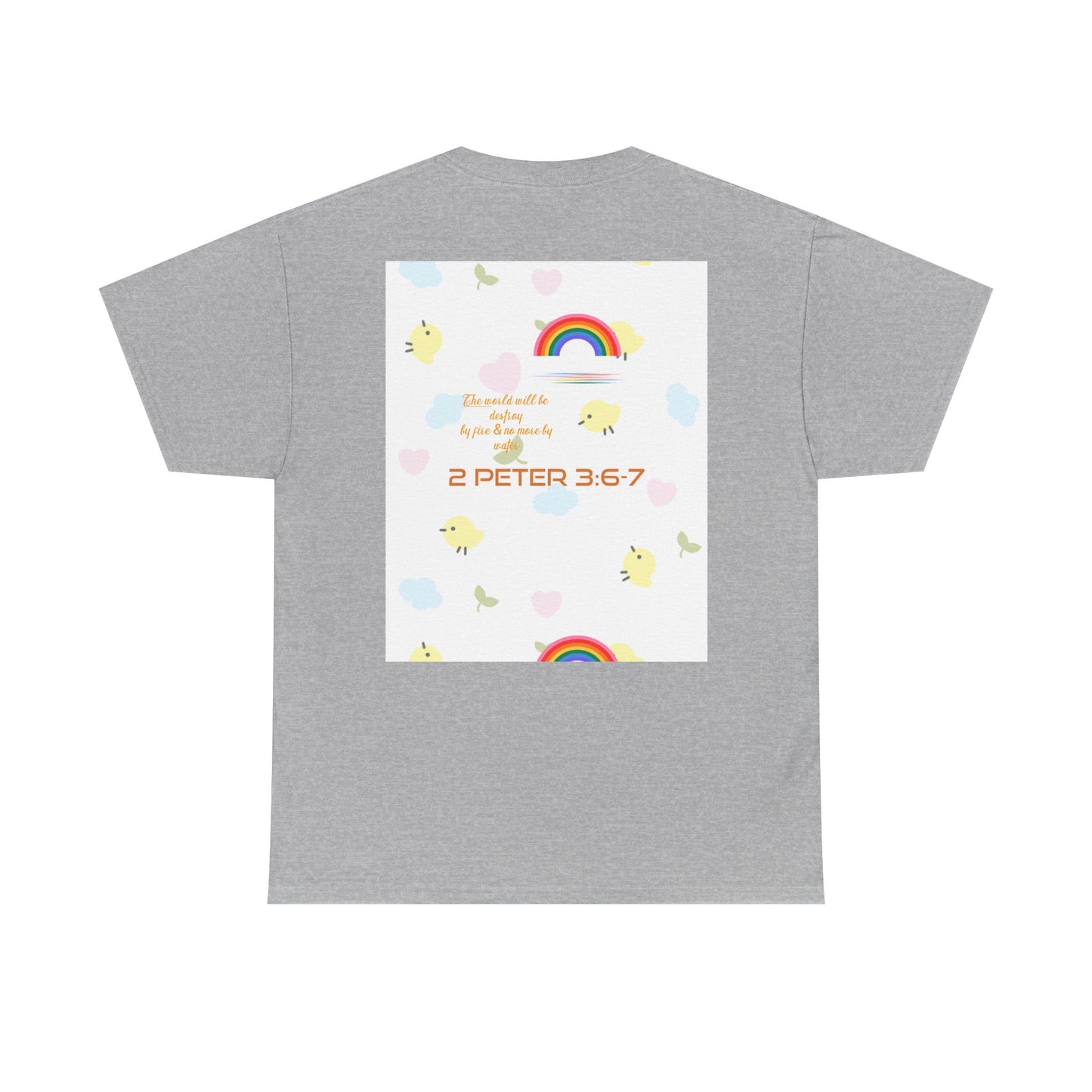 Christian Rainbow Chick Tee with 2 Peter 3:6-7 Scripture — Cute Floral & Coins Design