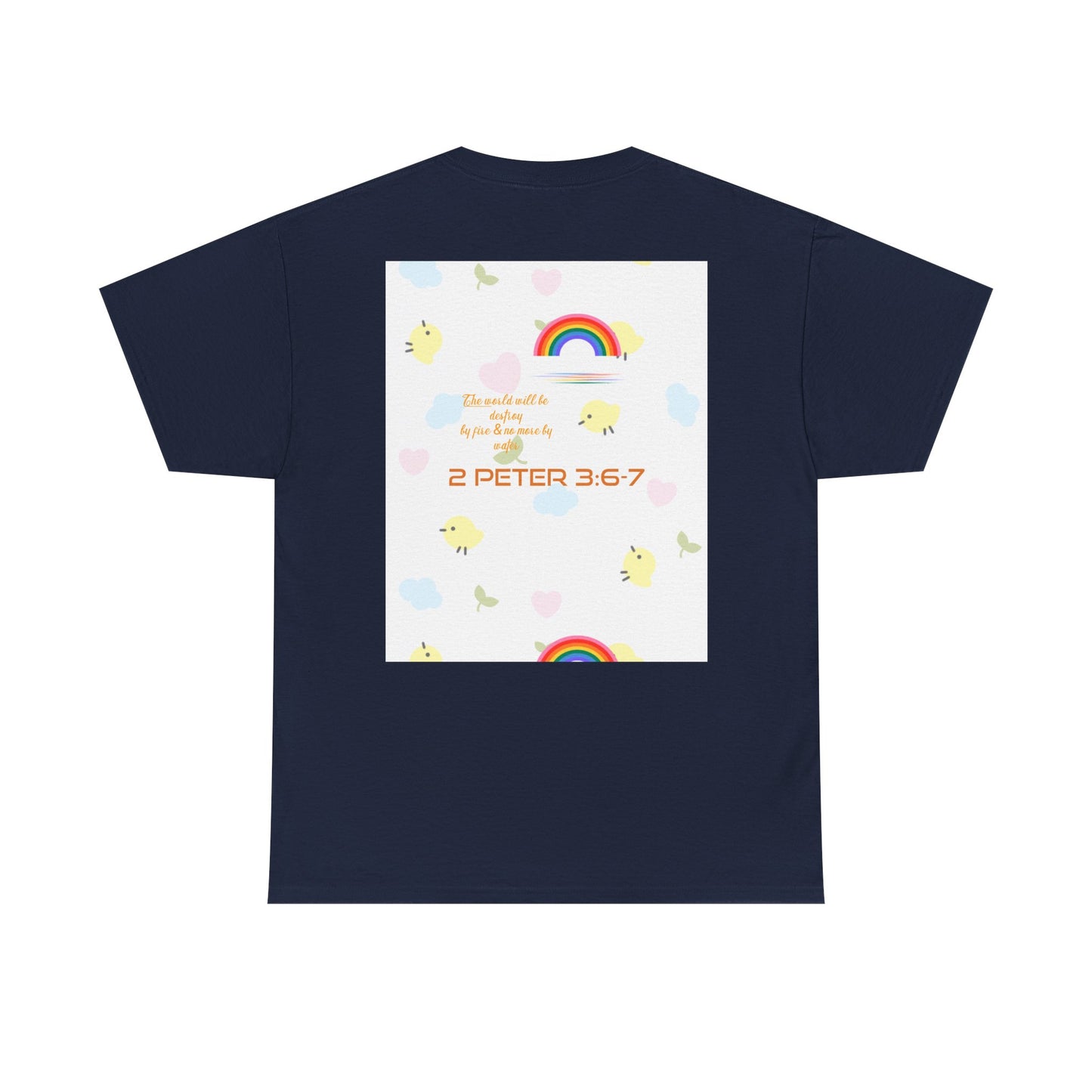 Christian Rainbow Chick Tee with 2 Peter 3:6-7 Scripture — Cute Floral & Coins Design