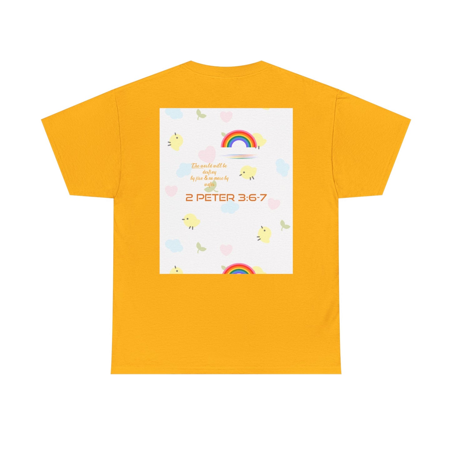 Christian Rainbow Chick Tee with 2 Peter 3:6-7 Scripture — Cute Floral & Coins Design