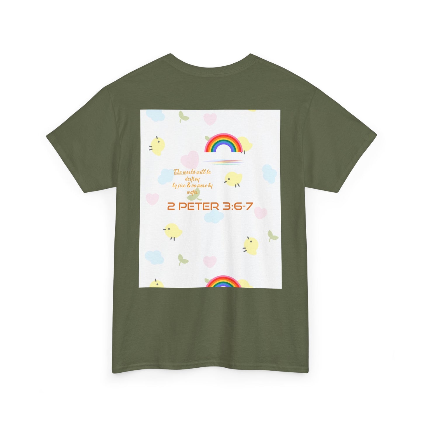 Christian Rainbow Chick Tee with 2 Peter 3:6-7 Scripture — Cute Floral & Coins Design