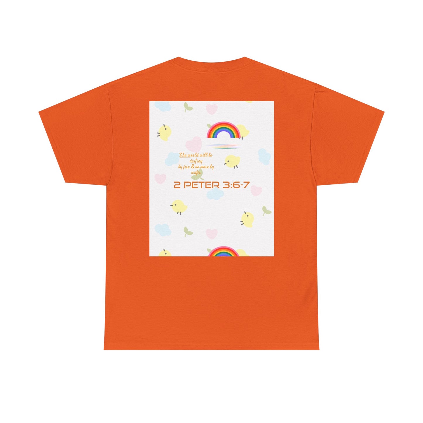 Christian Rainbow Chick Tee with 2 Peter 3:6-7 Scripture — Cute Floral & Coins Design