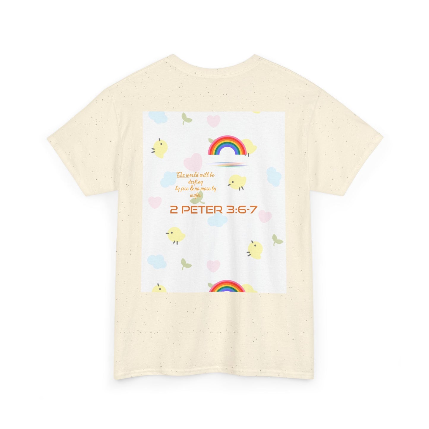 Christian Rainbow Chick Tee with 2 Peter 3:6-7 Scripture — Cute Floral & Coins Design
