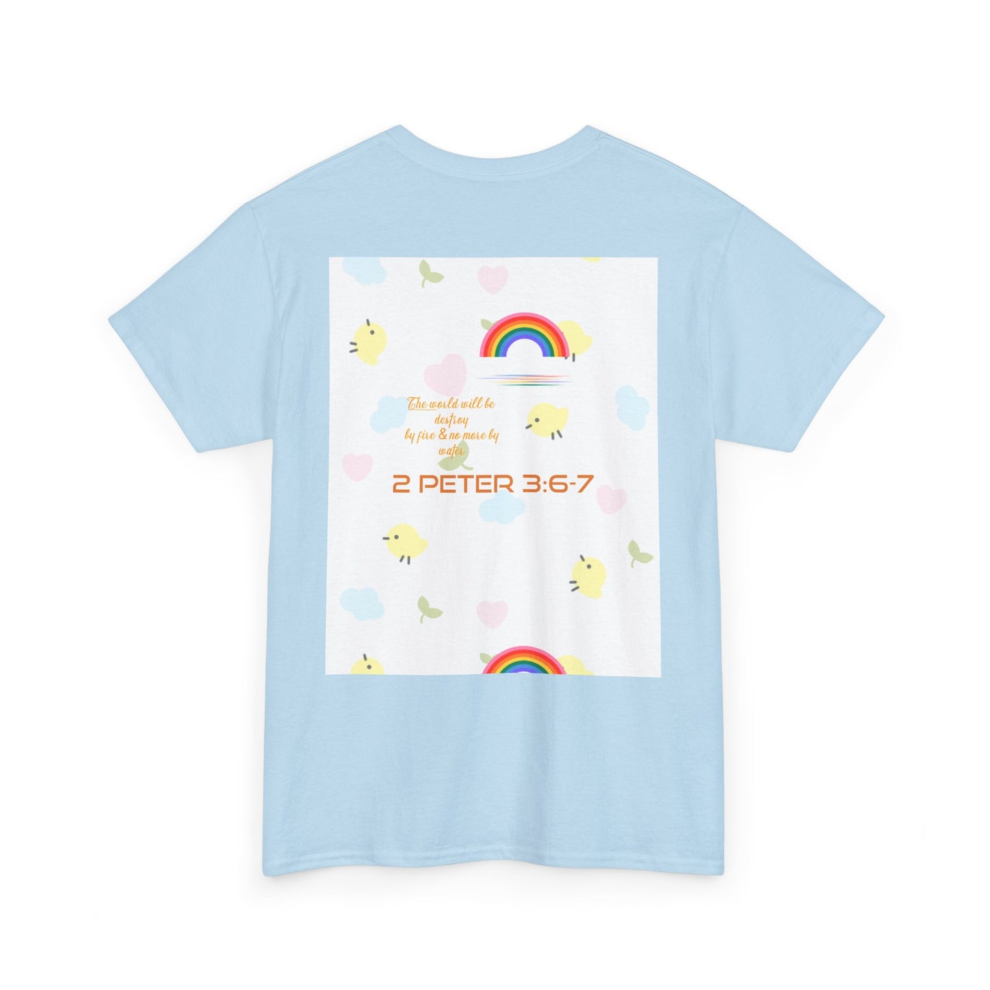 Christian Rainbow Chick Tee with 2 Peter 3:6-7 Scripture — Cute Floral & Coins Design