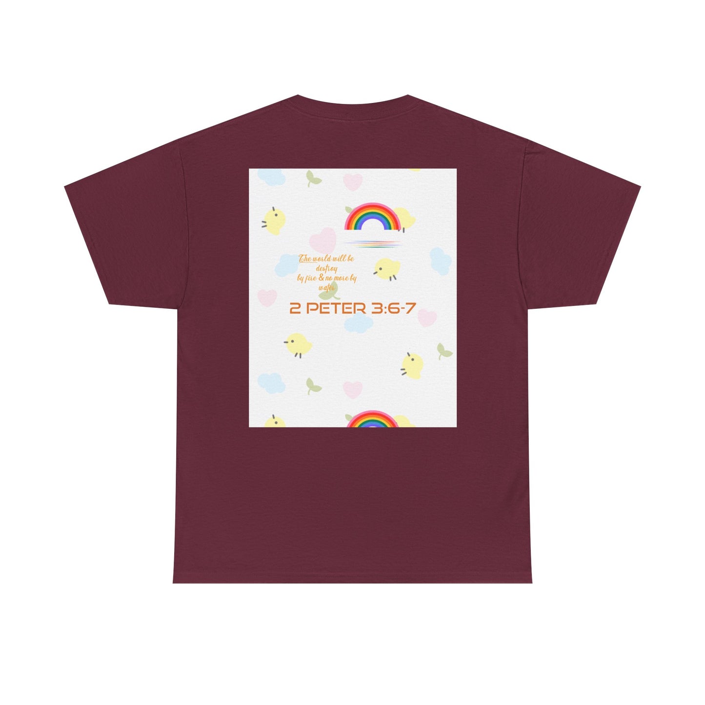 Christian Rainbow Chick Tee with 2 Peter 3:6-7 Scripture — Cute Floral & Coins Design
