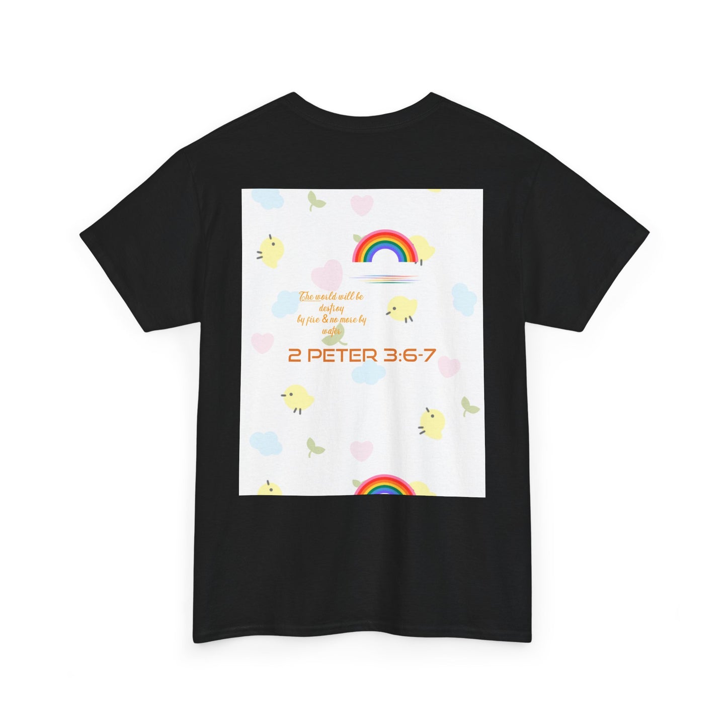 Christian Rainbow Chick Tee with 2 Peter 3:6-7 Scripture — Cute Floral & Coins Design