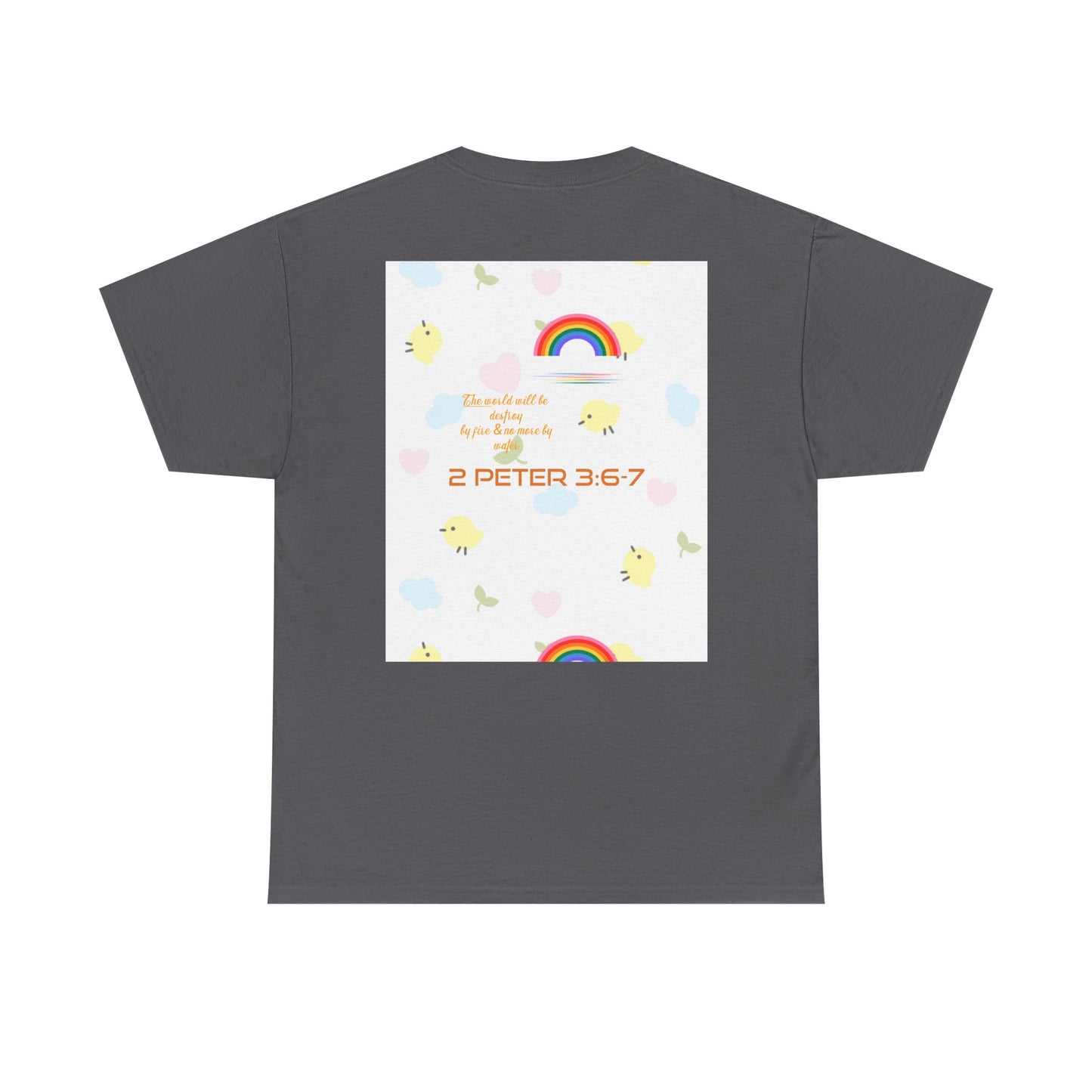 Christian Rainbow Chick Tee with 2 Peter 3:6-7 Scripture — Cute Floral & Coins Design