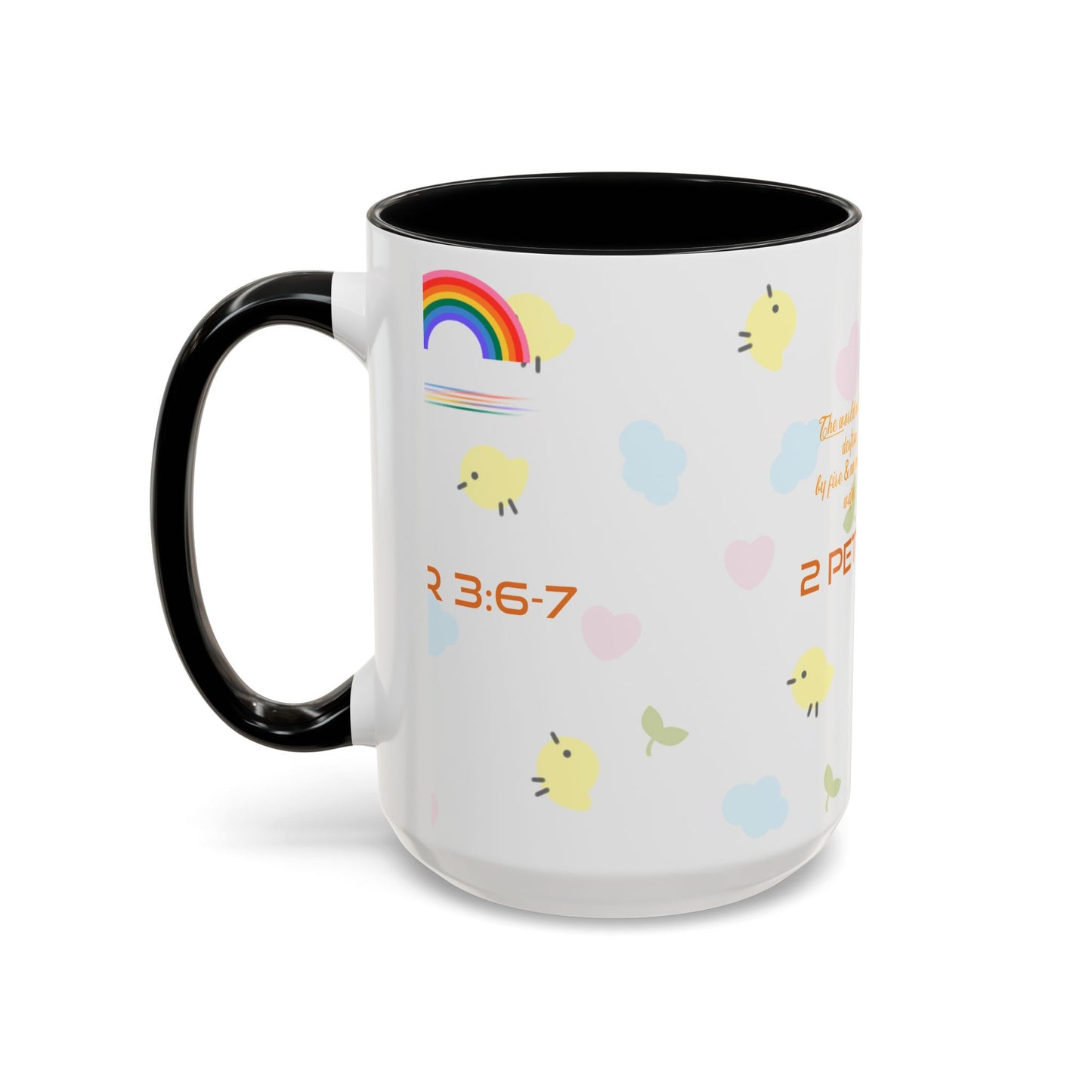 2 Peter 3:67 Inspirational Coffee Mug — Cute Rainbow & Chick Faith Design