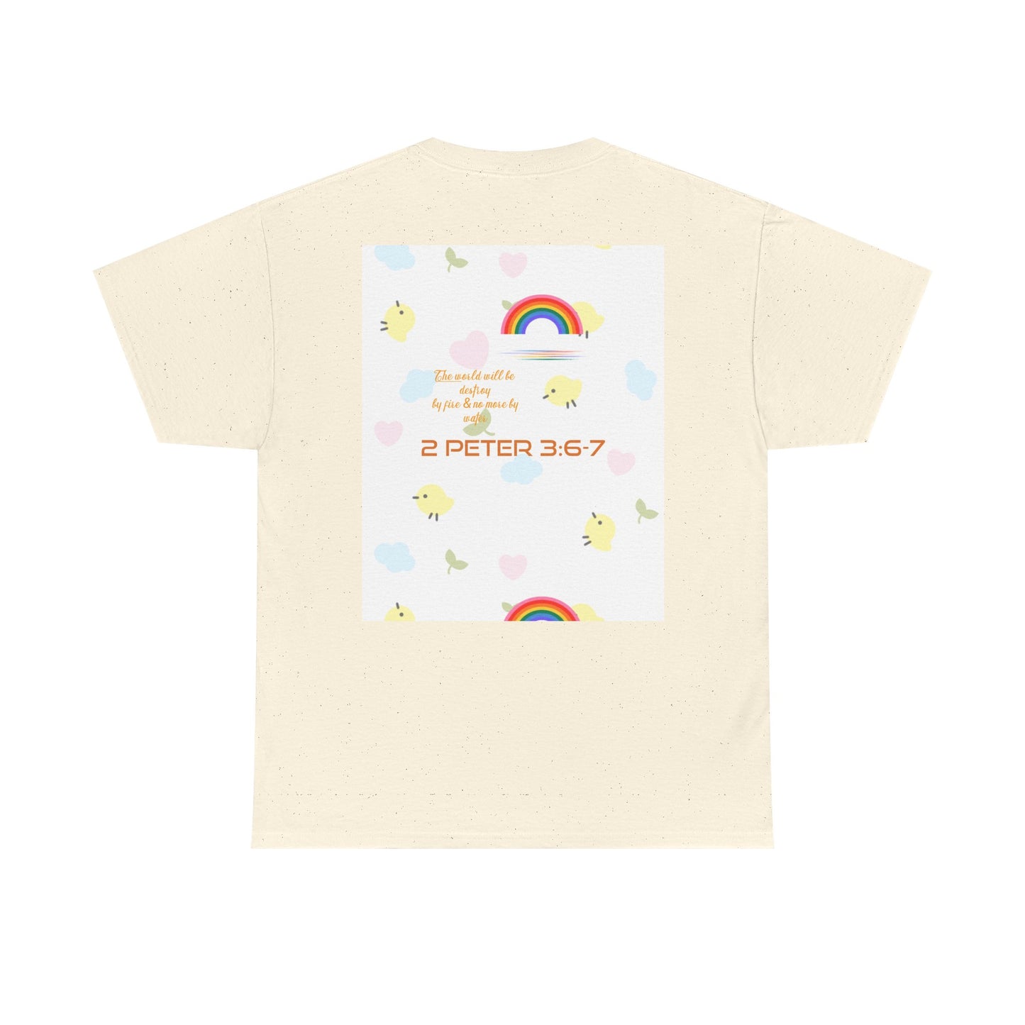 Christian Rainbow Chick Tee with 2 Peter 3:6-7 Scripture — Cute Floral & Coins Design