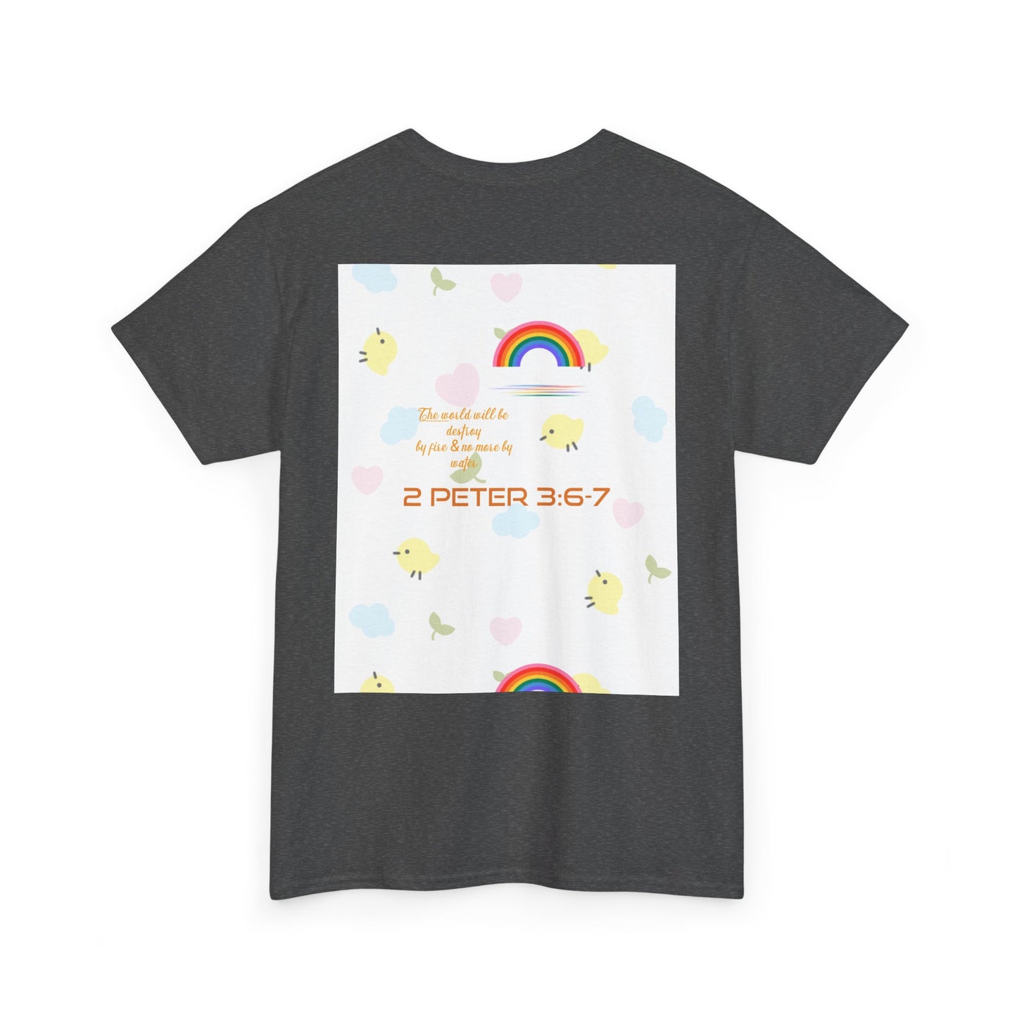 Christian Rainbow Chick Tee with 2 Peter 3:6-7 Scripture — Cute Floral & Coins Design