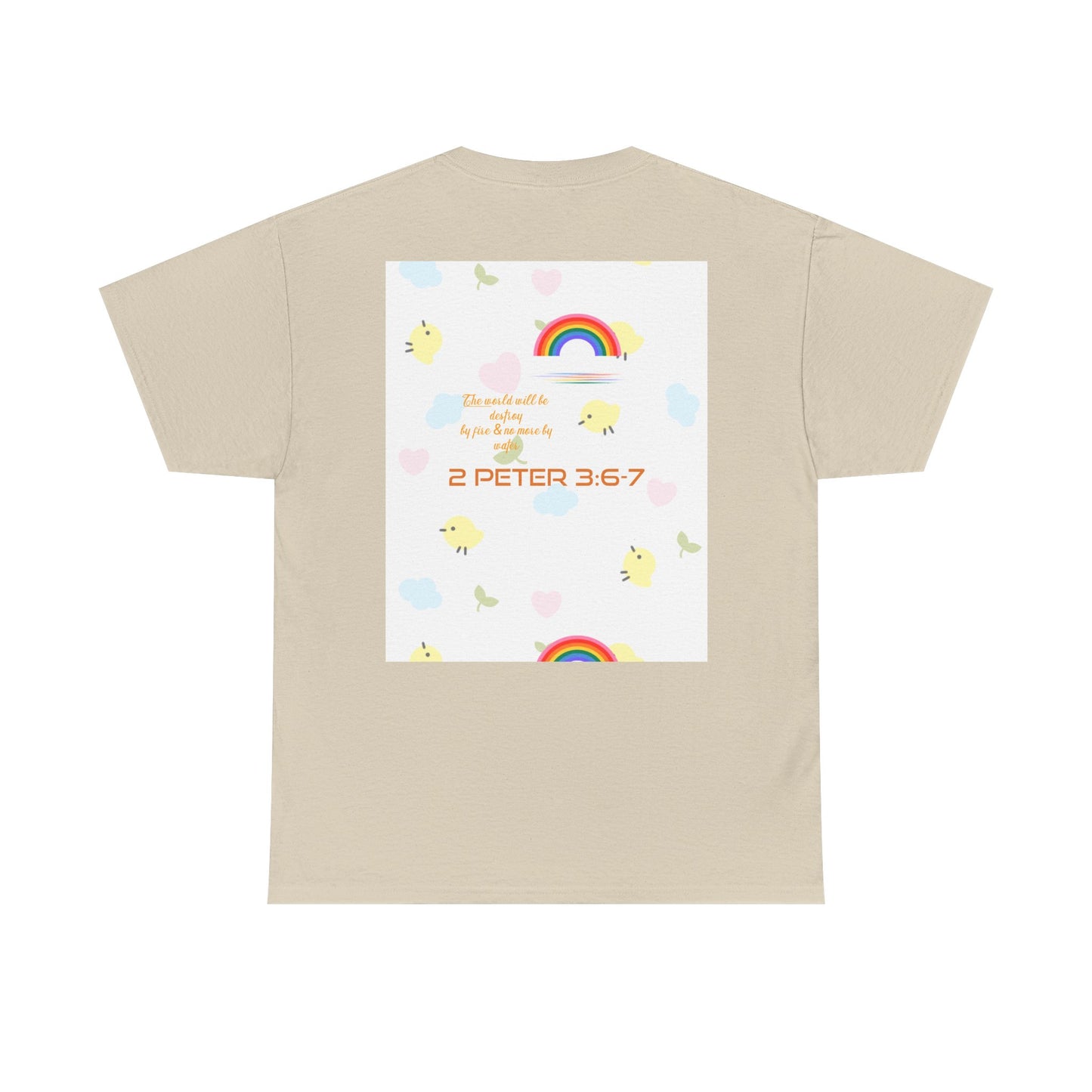 Christian Rainbow Chick Tee with 2 Peter 3:6-7 Scripture — Cute Floral & Coins Design