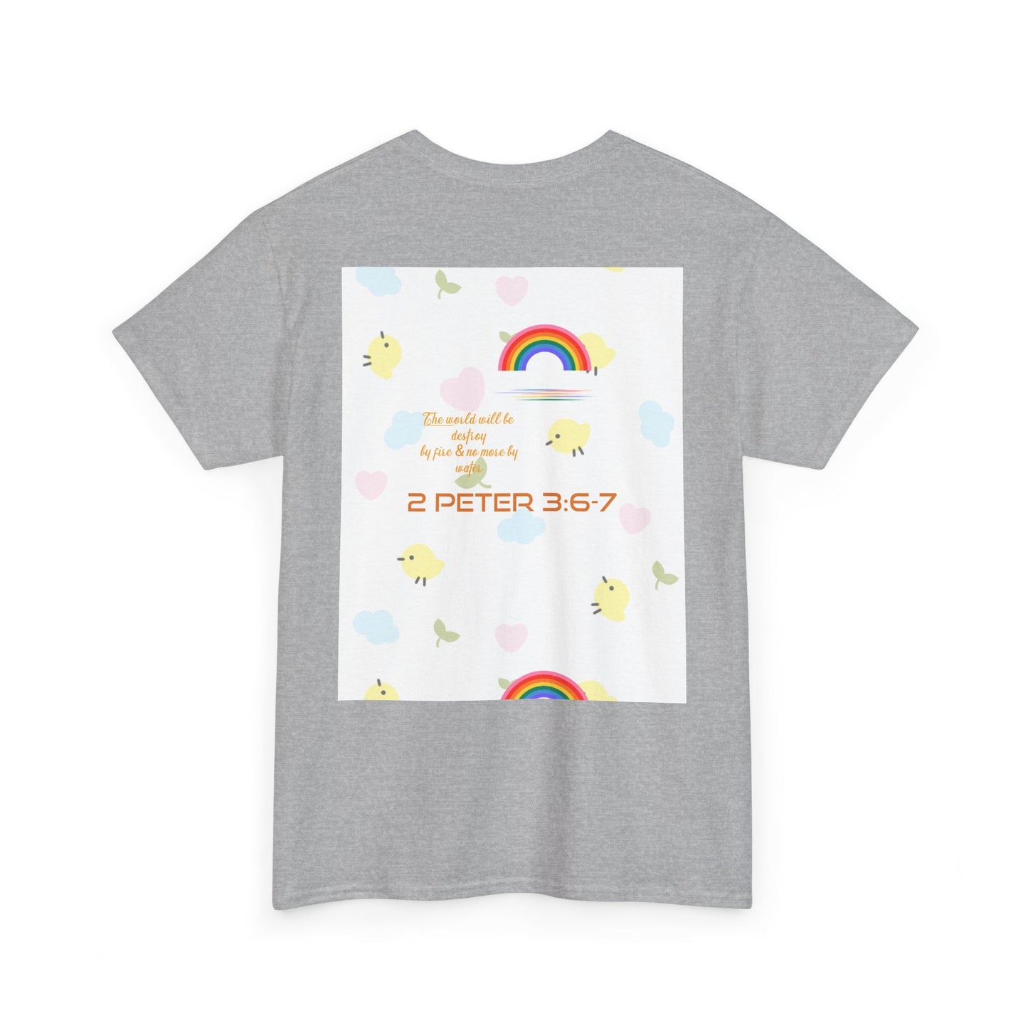 Christian Rainbow Chick Tee with 2 Peter 3:6-7 Scripture — Cute Floral & Coins Design