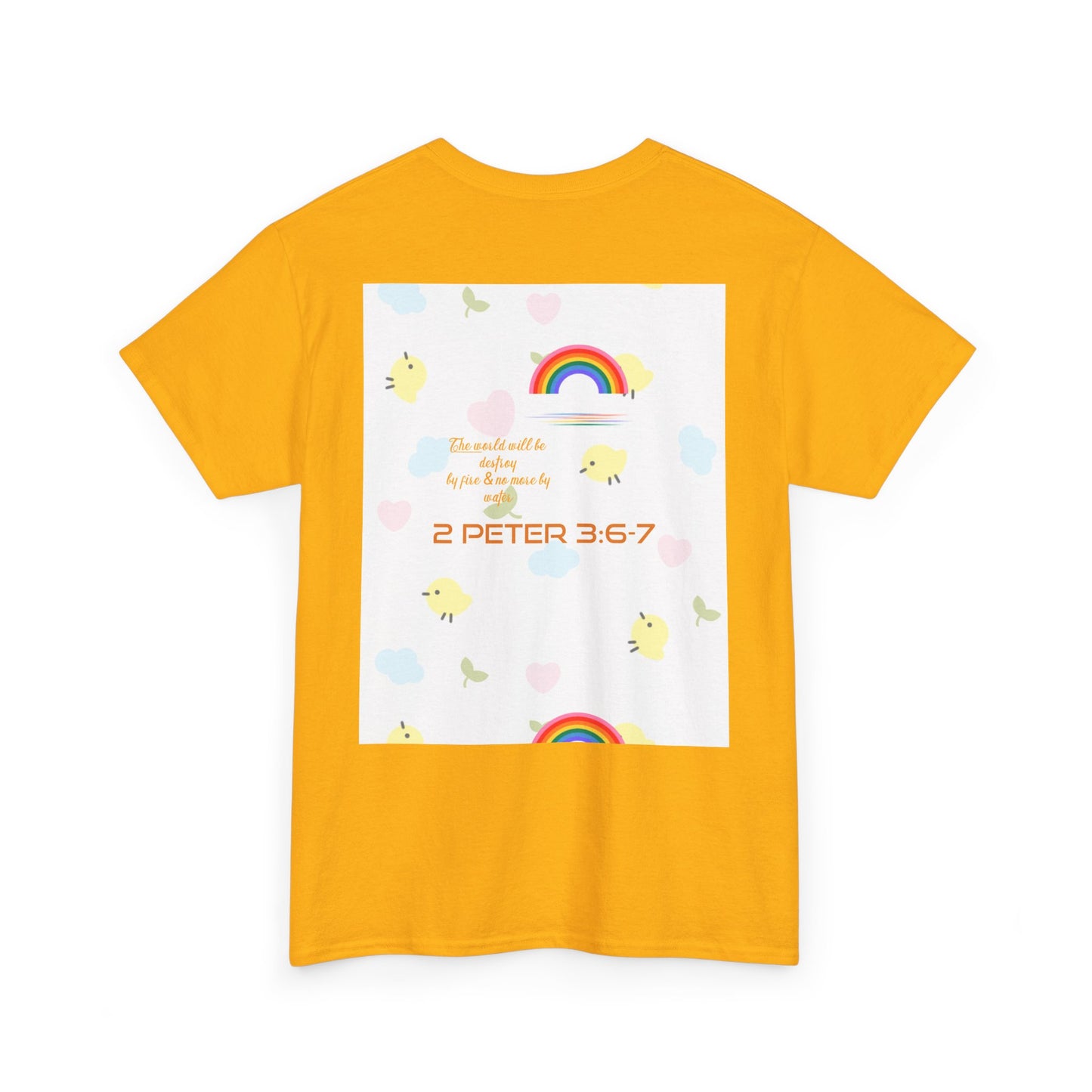 Christian Rainbow Chick Tee with 2 Peter 3:6-7 Scripture — Cute Floral & Coins Design