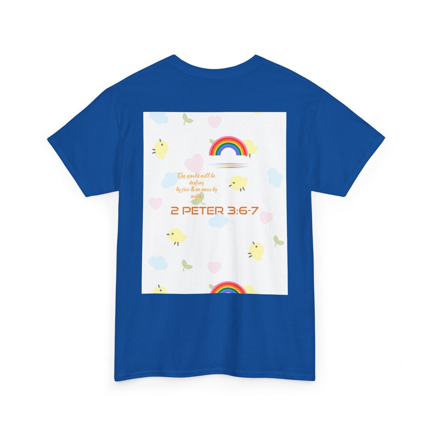 Christian Rainbow Chick Tee with 2 Peter 3:6-7 Scripture — Cute Floral & Coins Design