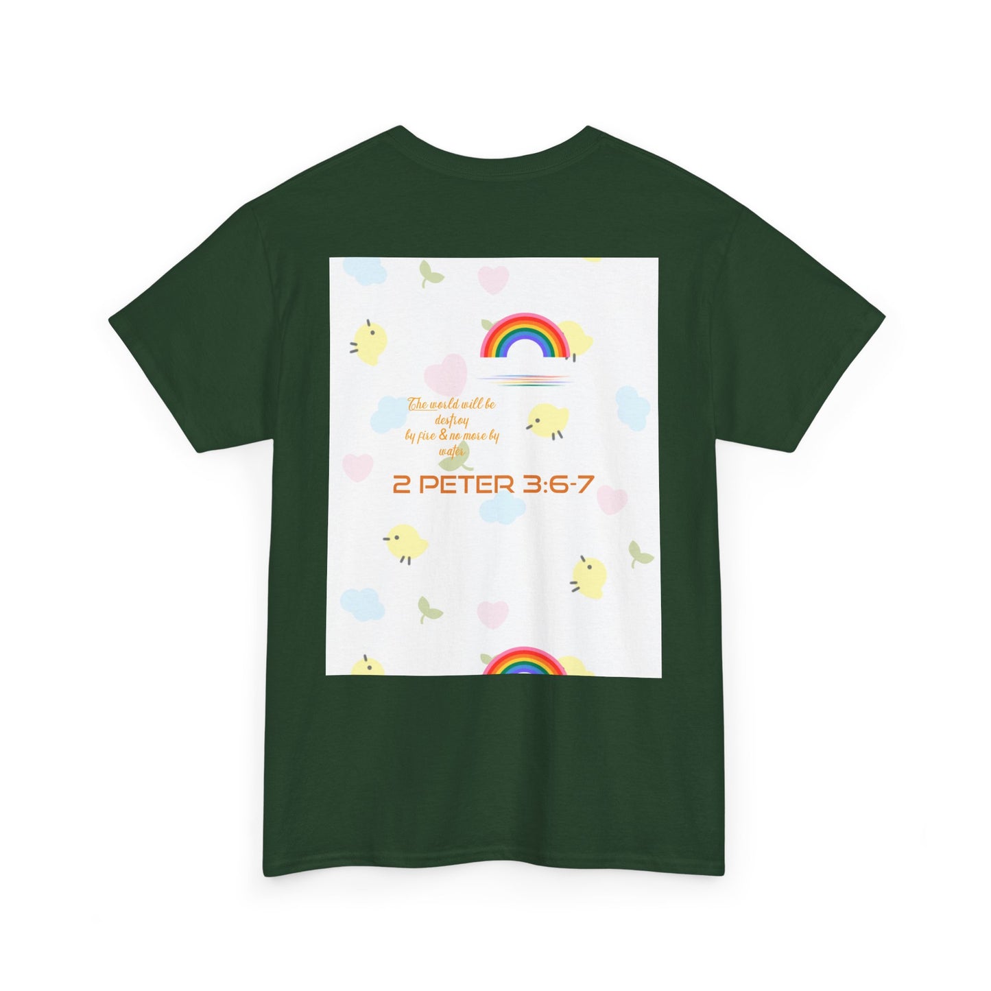 Christian Rainbow Chick Tee with 2 Peter 3:6-7 Scripture — Cute Floral & Coins Design