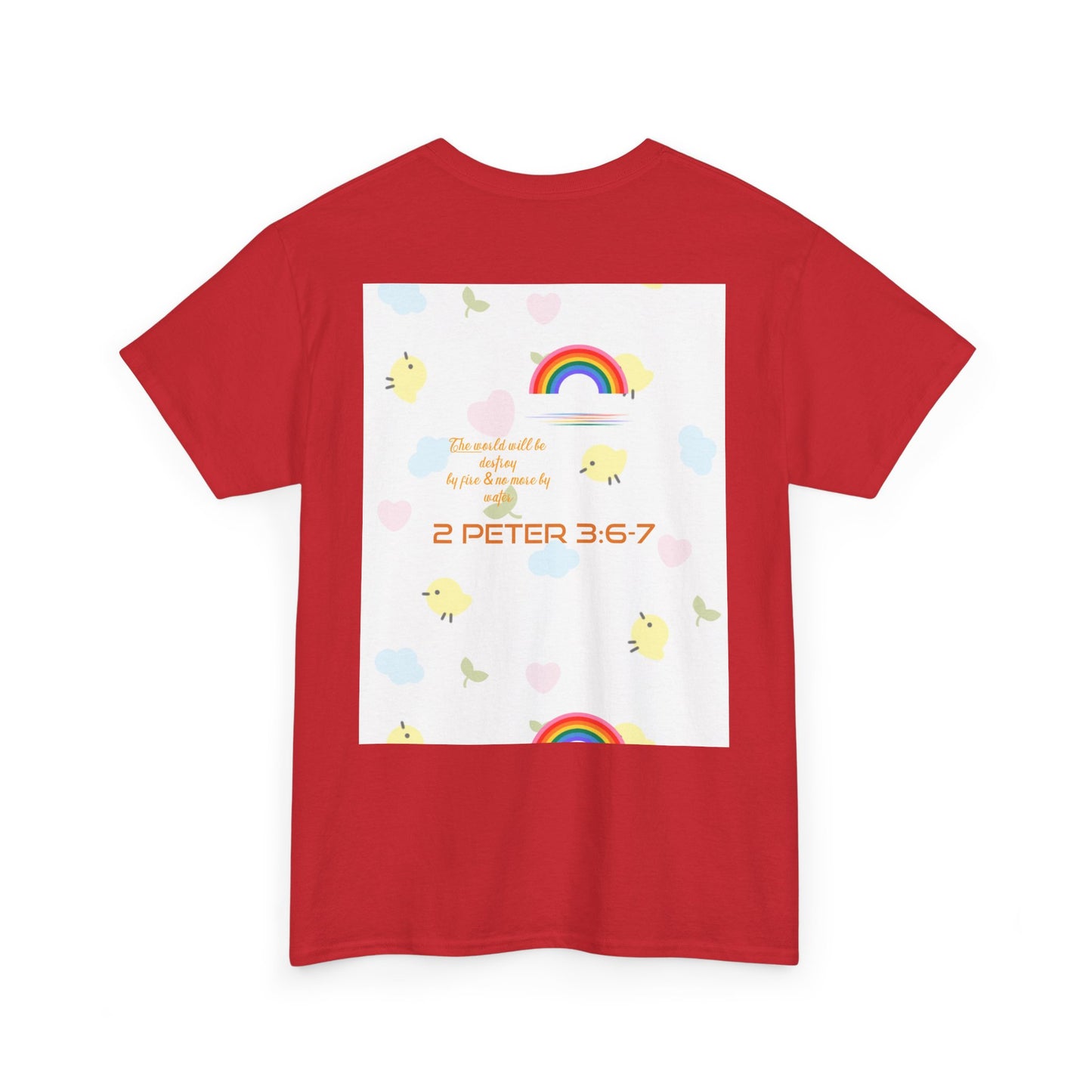 Christian Rainbow Chick Tee with 2 Peter 3:6-7 Scripture — Cute Floral & Coins Design
