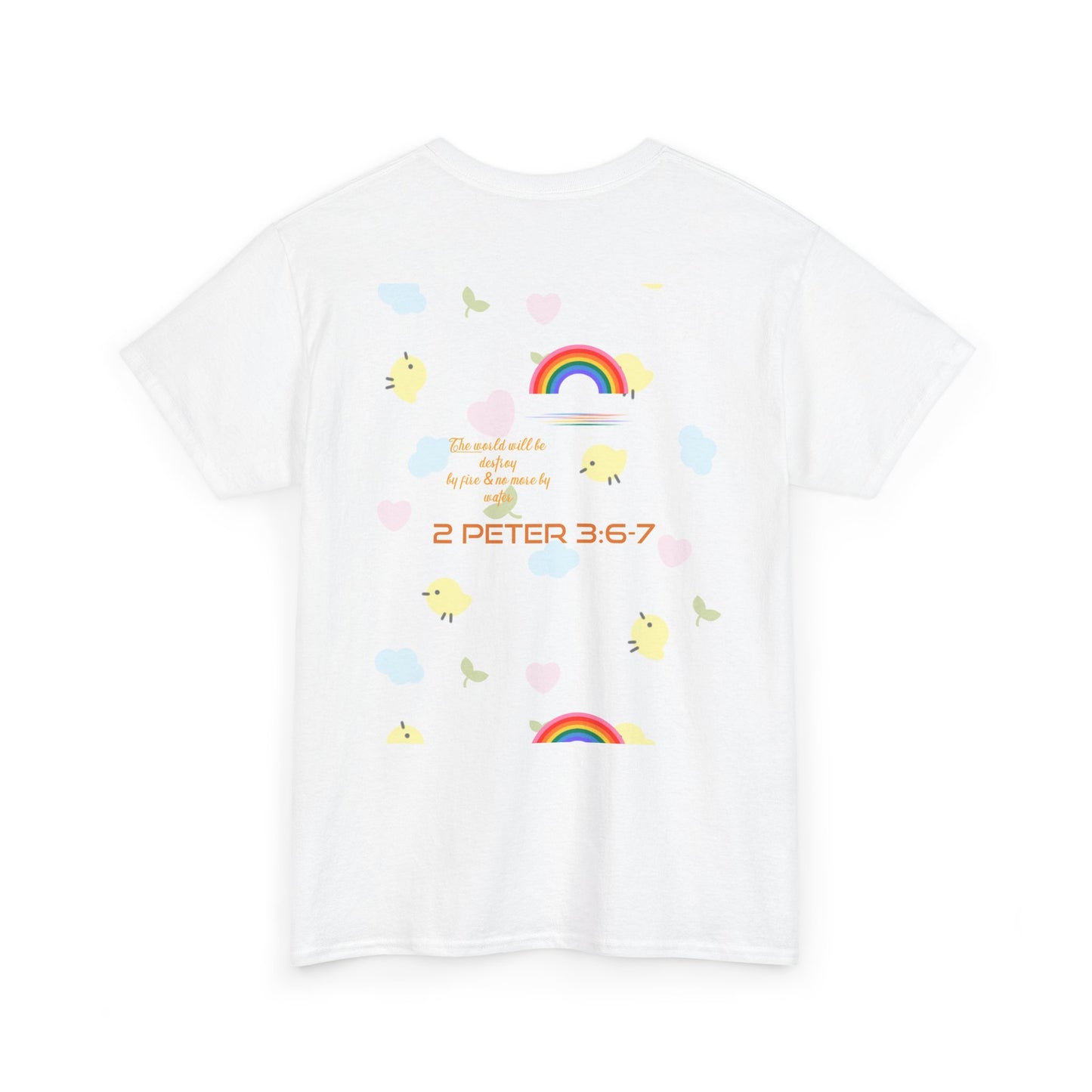 Christian Rainbow Chick Tee with 2 Peter 3:6-7 Scripture — Cute Floral & Coins Design
