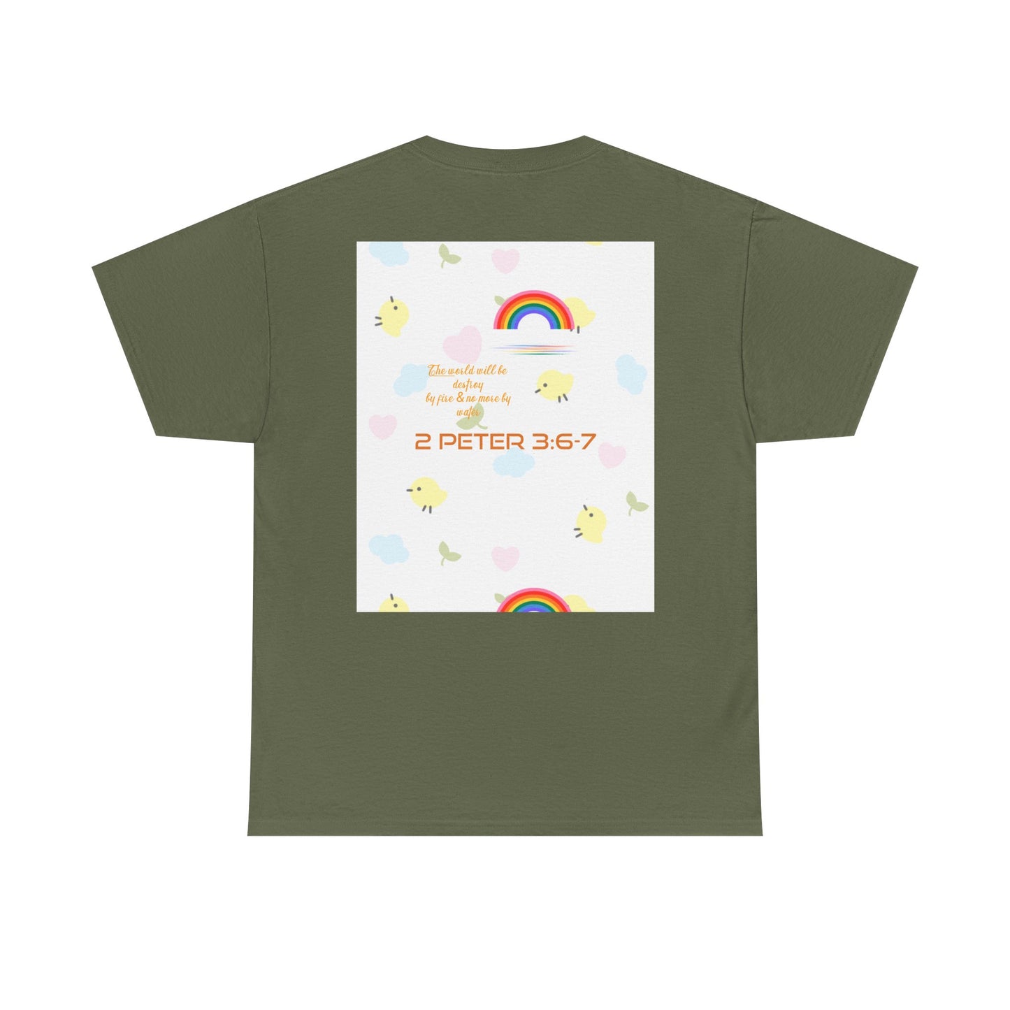 Christian Rainbow Chick Tee with 2 Peter 3:6-7 Scripture — Cute Floral & Coins Design