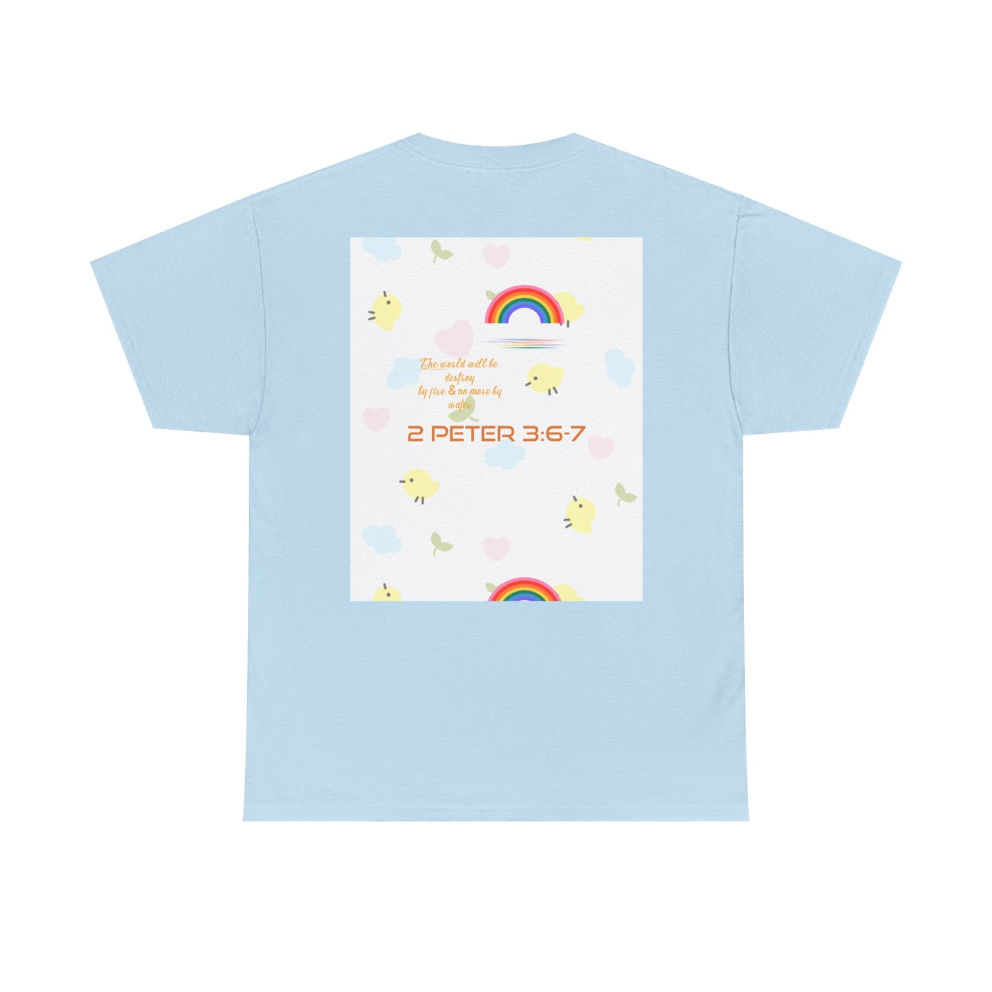 Christian Rainbow Chick Tee with 2 Peter 3:6-7 Scripture — Cute Floral & Coins Design