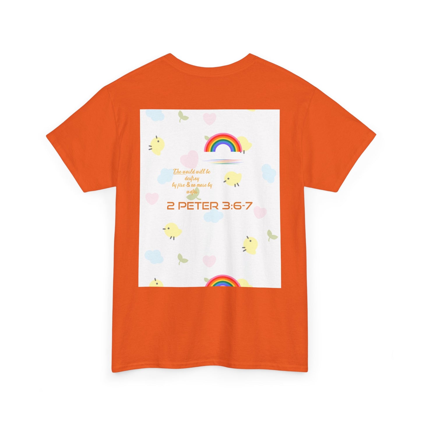 Christian Rainbow Chick Tee with 2 Peter 3:6-7 Scripture — Cute Floral & Coins Design