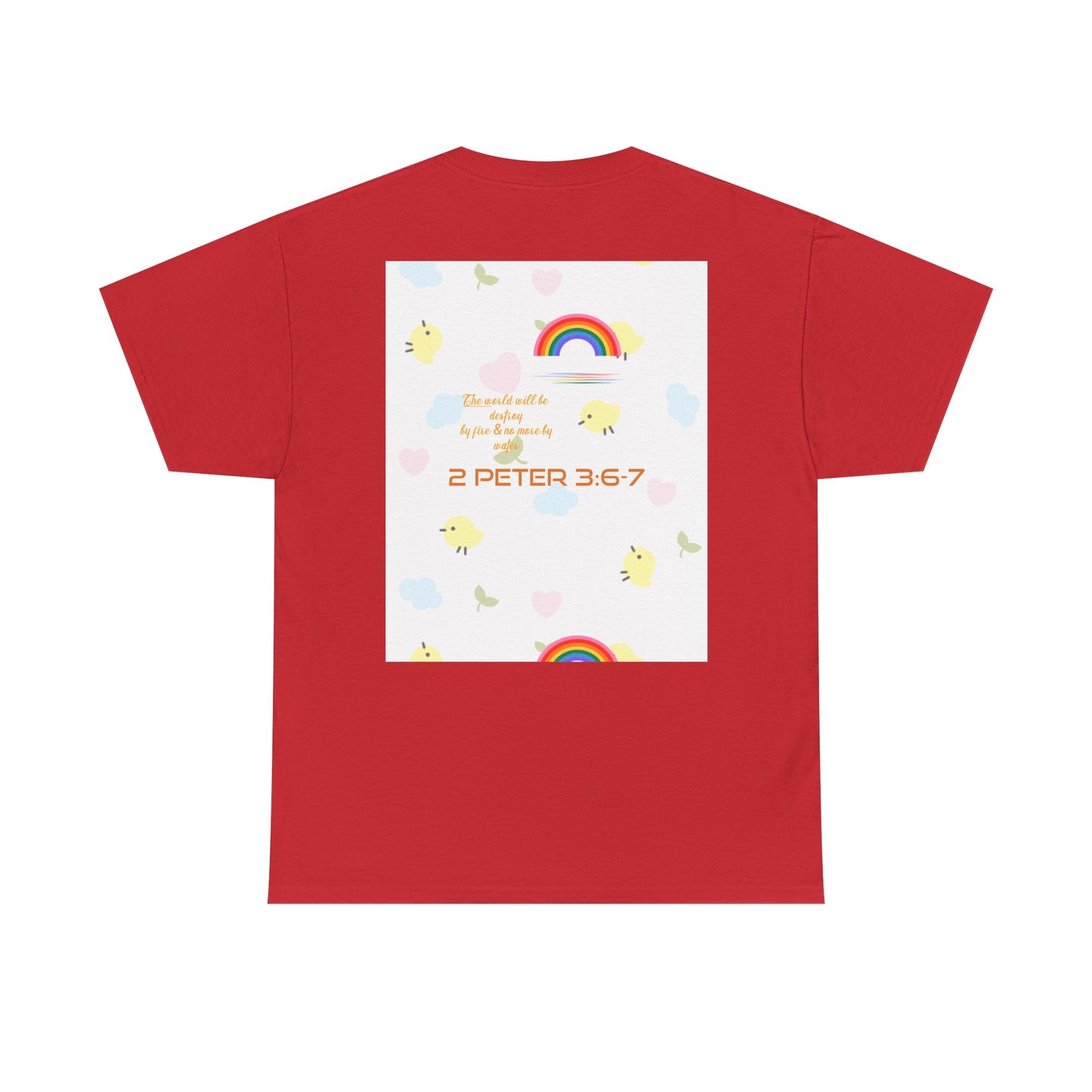 Christian Rainbow Chick Tee with 2 Peter 3:6-7 Scripture — Cute Floral & Coins Design
