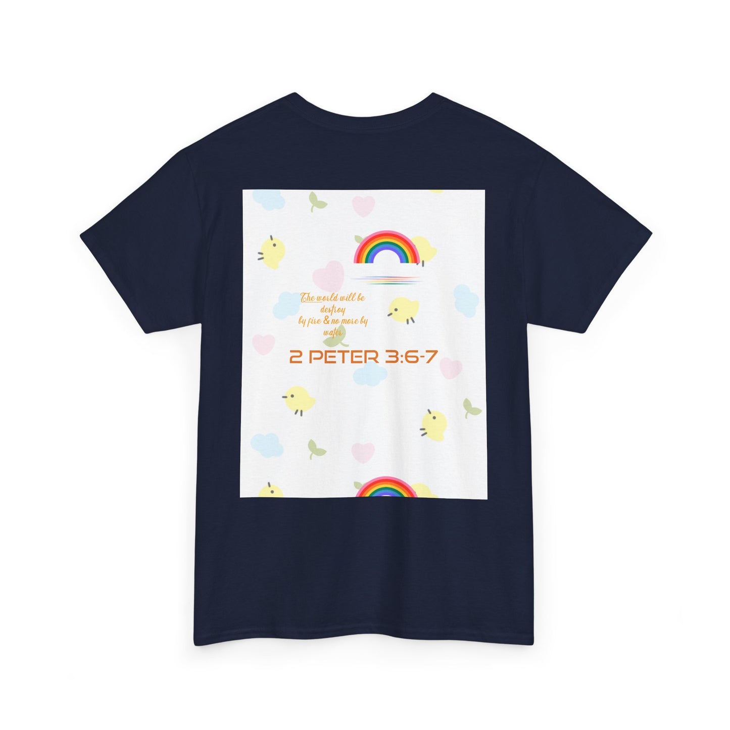 Christian Rainbow Chick Tee with 2 Peter 3:6-7 Scripture — Cute Floral & Coins Design
