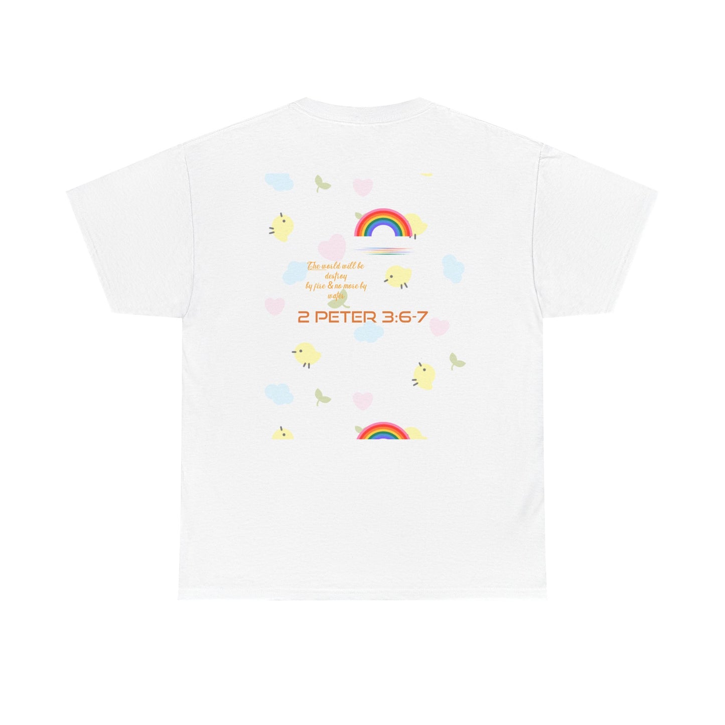 Christian Rainbow Chick Tee with 2 Peter 3:6-7 Scripture — Cute Floral & Coins Design