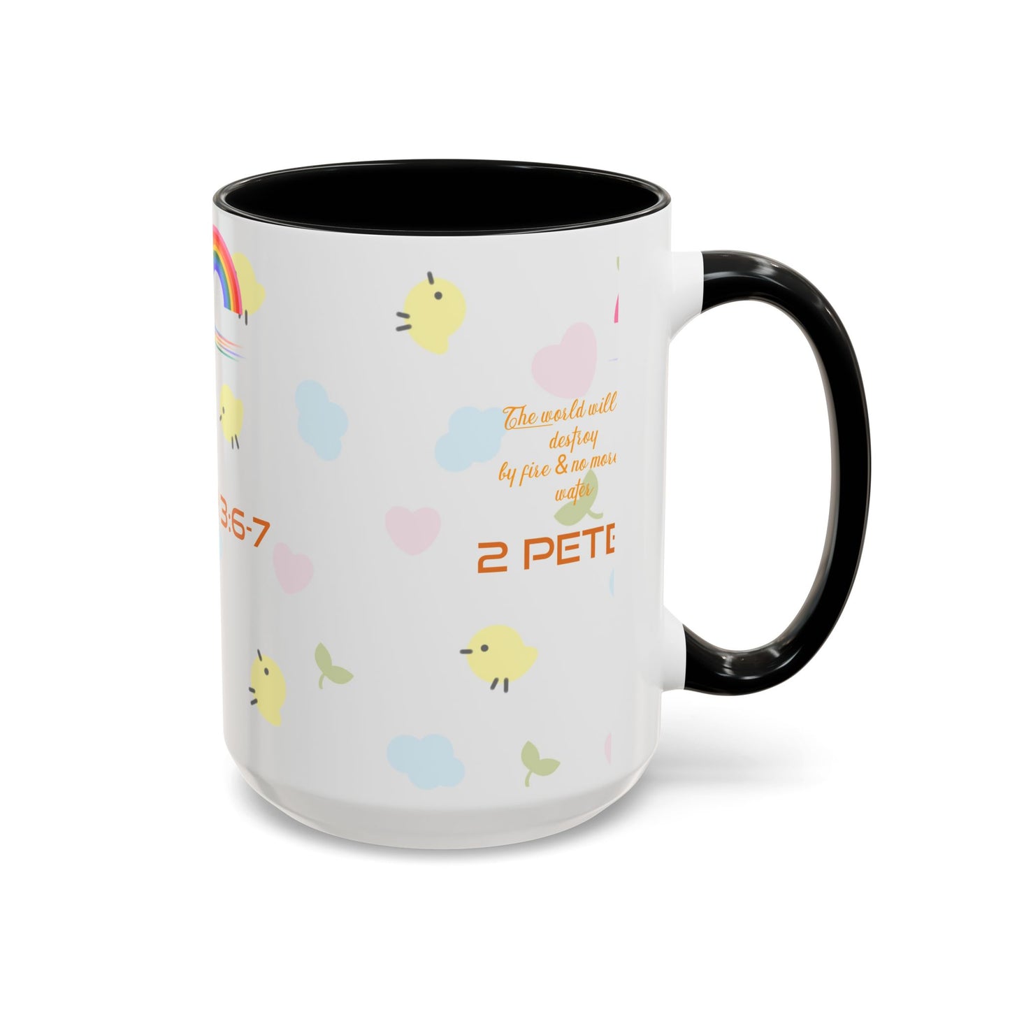 2 Peter 3:67 Inspirational Coffee Mug — Cute Rainbow & Chick Faith Design