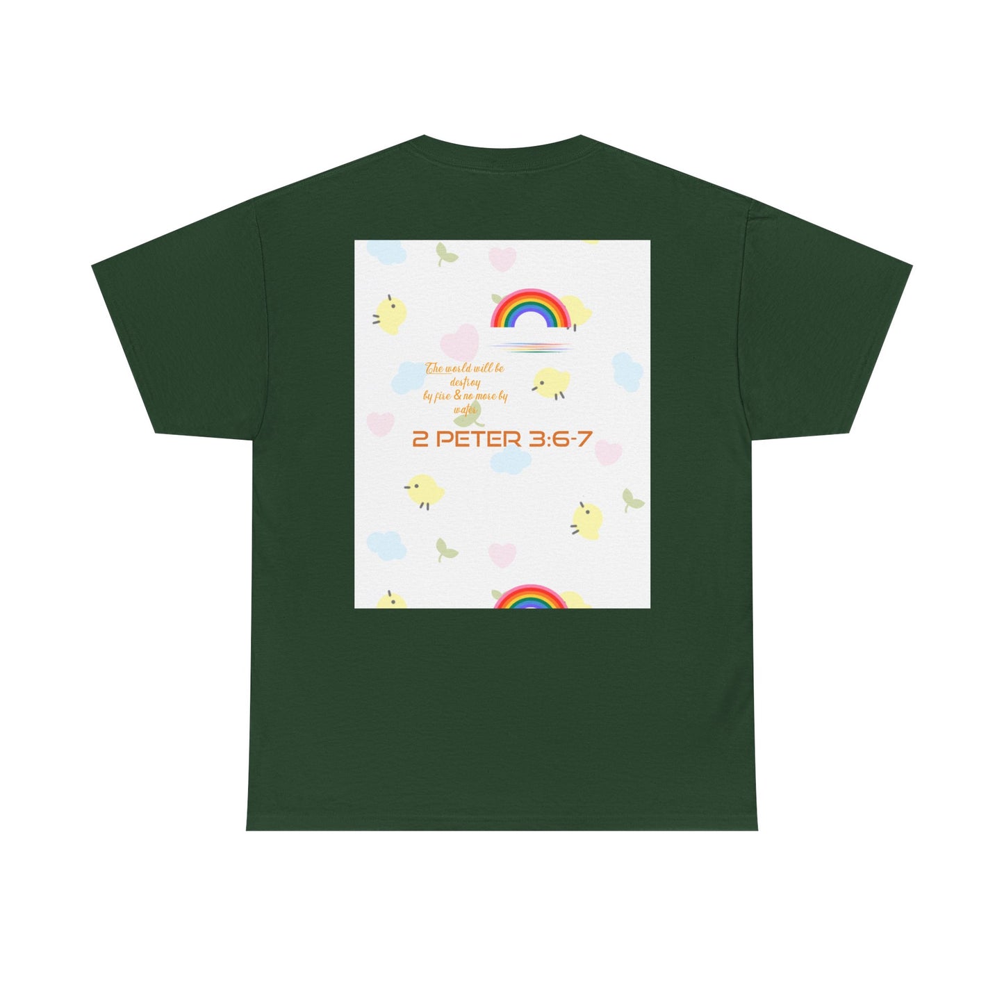 Christian Rainbow Chick Tee with 2 Peter 3:6-7 Scripture — Cute Floral & Coins Design