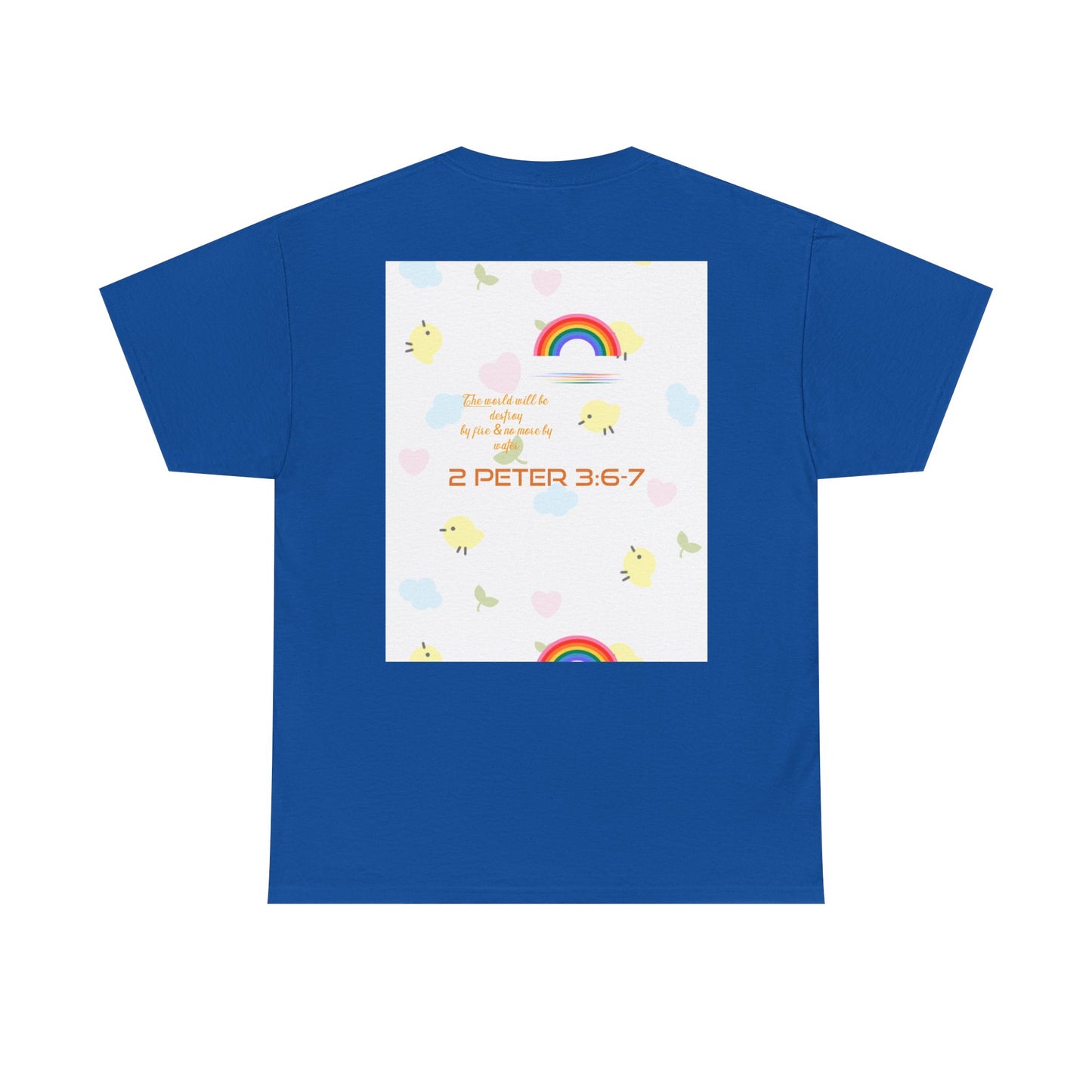 Christian Rainbow Chick Tee with 2 Peter 3:6-7 Scripture — Cute Floral & Coins Design