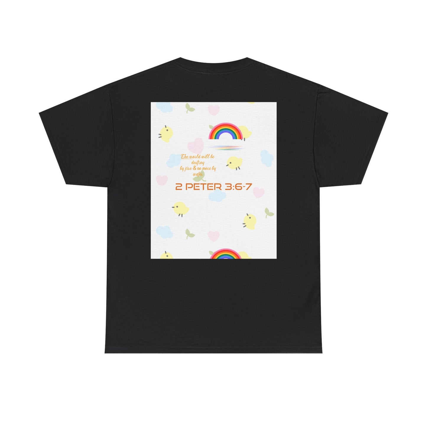 Christian Rainbow Chick Tee with 2 Peter 3:6-7 Scripture — Cute Floral & Coins Design
