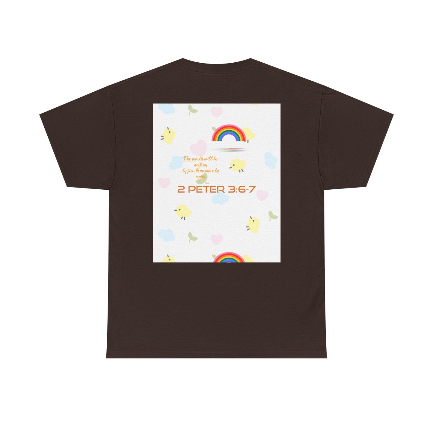 Christian Rainbow Chick Tee with 2 Peter 3:6-7 Scripture — Cute Floral & Coins Design