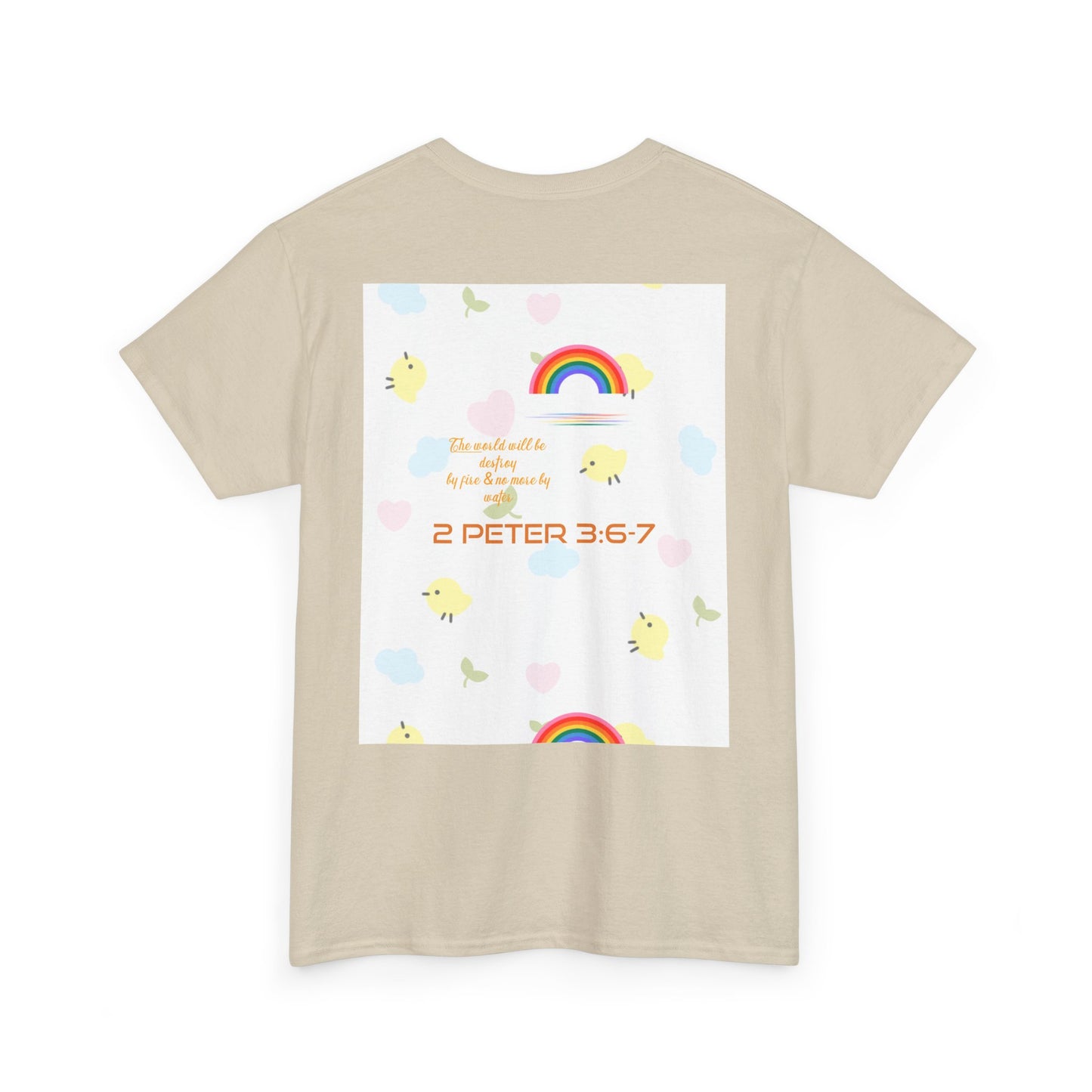 Christian Rainbow Chick Tee with 2 Peter 3:6-7 Scripture — Cute Floral & Coins Design