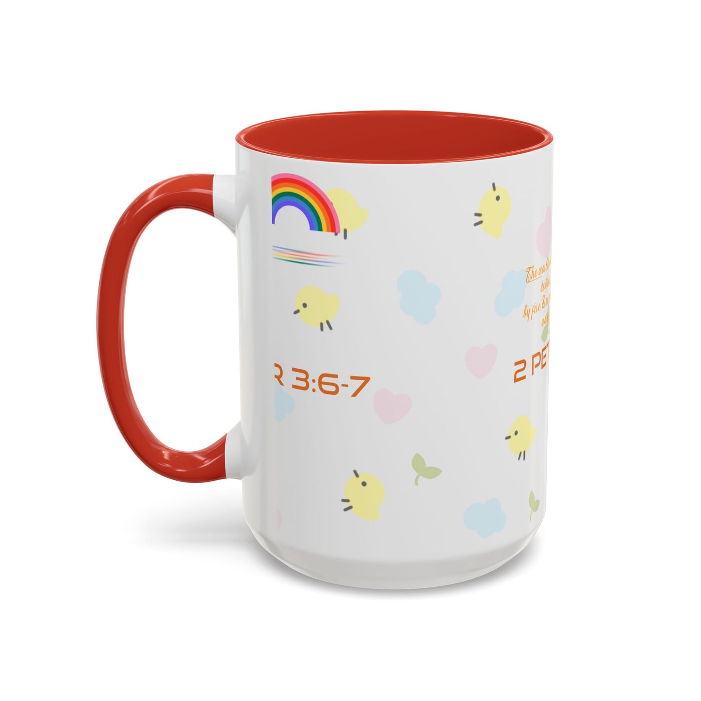 2 Peter 3:67 Inspirational Coffee Mug — Cute Rainbow & Chick Faith Design