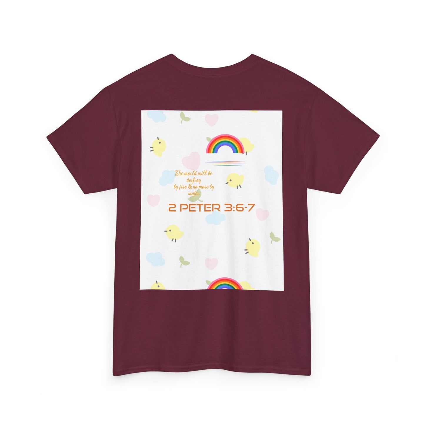 Christian Rainbow Chick Tee with 2 Peter 3:6-7 Scripture — Cute Floral & Coins Design